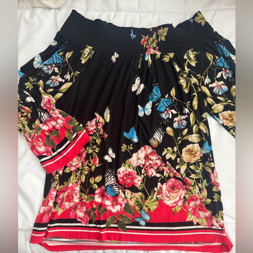 Floral Off-Shoulder Top with Butterfly Print